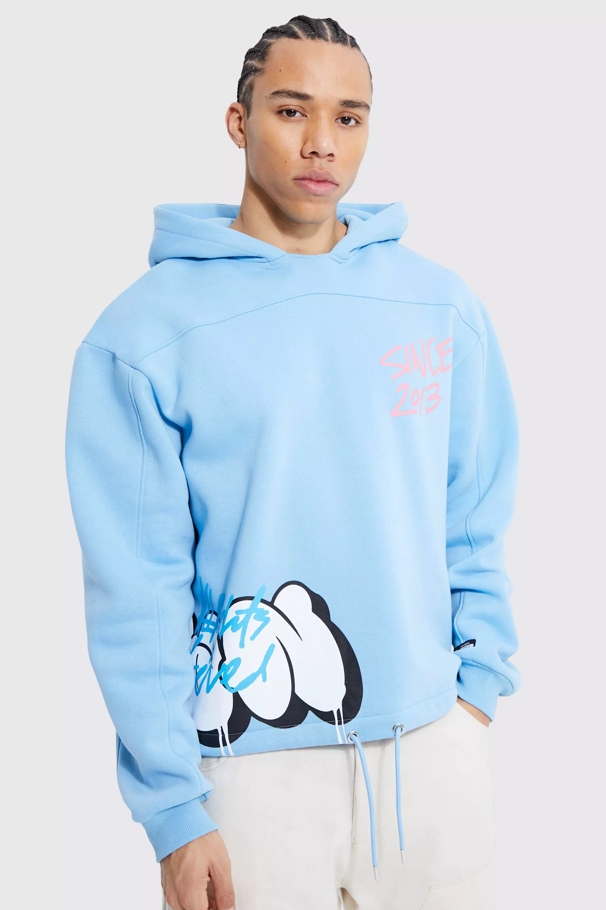 Tall Boxy Raw Hem Graffiti Hoodie boohooMAN UK
